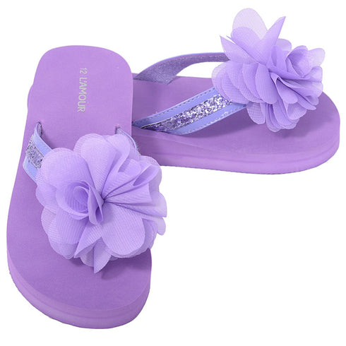 L'Amour Purple Sequin Strap Flower Flip Flop Sandals Little Girls 11-4 - SophiasStyle.com